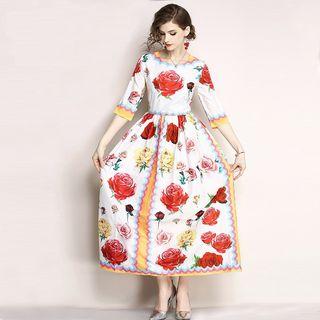 Flower Print Elbow-sleeve Maxi Dress