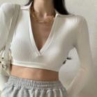 Collared Crop Ribbed Knit Top White - One Size