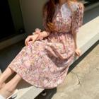 Lace-collar Floral Print Dress Pink - One Size