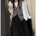 Plain Knit Vest / Long-sleeve Plain T-shirt / Plain Midi Skirt /