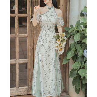 Mandarin Collar Cold-shoulder Floral Midi A-line Dress