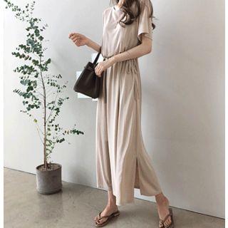 Round-neck Drawstring-waist Midi Dress