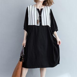 3/4-sleeve Striped Panel Shirtdress Black - One Size