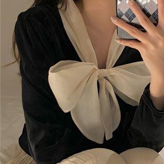 Tie-neck Velvet Blouse Black & White - One Size