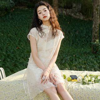 Set: Embroidered Slit Mini Qipao + Slipdress