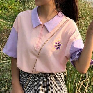 Elbow-sleeve Two-tone Embroidered Polo Shirt