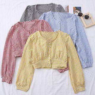 Checker V-neck Crop Blouse