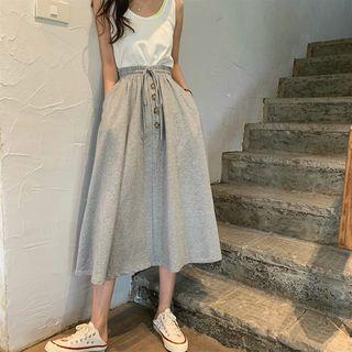 Floral Embroidered Puff-sleeve Blouse / Plain Skirt