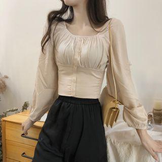 Plain Off-shoulder Long-sleeve Cropped Blouse