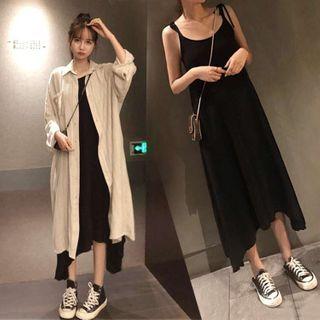 Set: Long-sleeve Striped Shirt + Spaghetti Strap Midi A-line Dress