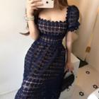 Short-sleeve Square Neck Lace Midi A-line Dress