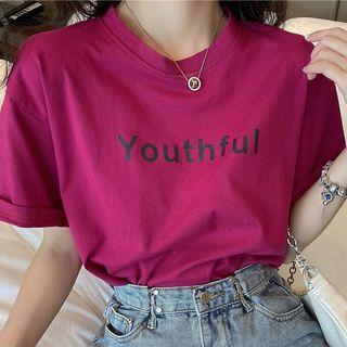 Short-sleeve Letter Print T-shirt Dragon Fruit - One Size