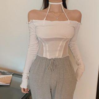 Off-shoulder Long-sleeve Slim-fit Top White - One Size
