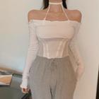 Off-shoulder Long-sleeve Slim-fit Top White - One Size