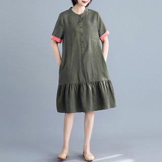 Short-sleeve Linen Shirt Dress Army Green - One Size