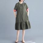 Short-sleeve Linen Shirt Dress Army Green - One Size