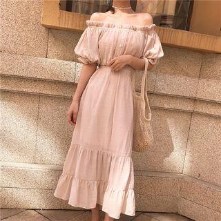 Set: Elbow-sleeve Off Shoulder Chiffon Top + Midi Skirt