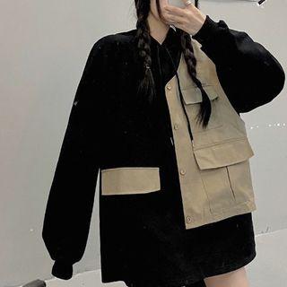 Mock Two Piece Pocketed Hoodie Black & Khaki - One Size