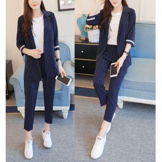 Set: 3/4-sleeve Striped Blazer + Dress Pants