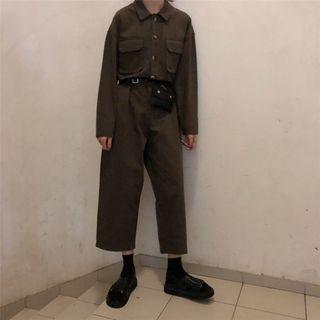 Long-sleeve Cropped Cargo Jumpsuit As Shown In Figure - One Size