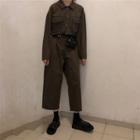Long-sleeve Cropped Cargo Jumpsuit As Shown In Figure - One Size