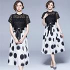 Set: Short-sleeve Lace Top + Dotted A-line Skirt