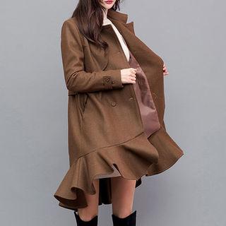 Ruffle-hem Belted Wool Blend Trench Coat