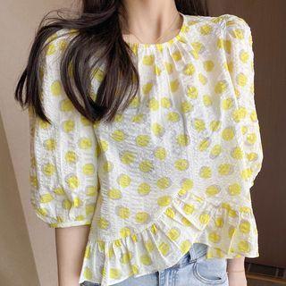 Balloon-sleeve Dotted Ruffled Blouse Yellow - M