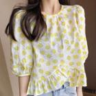 Balloon-sleeve Dotted Ruffled Blouse Yellow - M