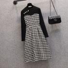 Mock Two-piece Long-sleeve Houndstooth Panel A-line Dress