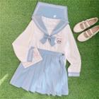 Sailor Collar Cartoon Embroidered Shirt / A-line Skirt