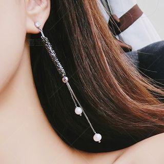 Gold Plated Faux Pearl Rhinestone Fringed Earring 1 Pair - Black - One Size