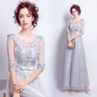 Elbow-sleeve Applique Evening Gown