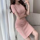 Short-sleeve Zip Detail Sheath Dress Pink - One Size