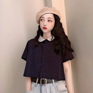 Short-sleeve Cropped Shirt Navy Blue - One Size