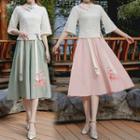Set: Embroidered Elbow-sleeve Hanfu Top + A-line Skirt
