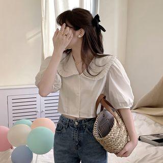 Puff-sleeve Plain Crop Shirt