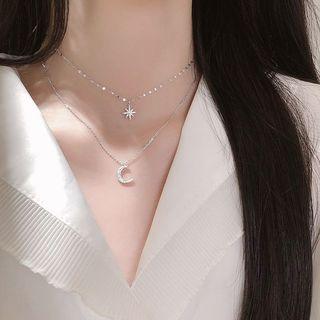 925 Sterling Silver Rhinestone Moon & Star Pendant Layered Choker Necklace Silver - One Size