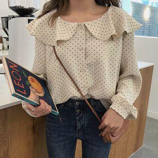 Long-sleeve Polka Dot Ruffled Buttoned Chiffon Top As Shown In Figure - One Size