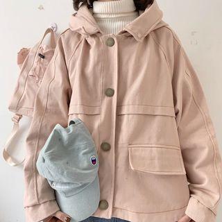 Furry Trim Snap Button Hooded Jacket