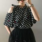 Dotted Cut Out Shoulder Elbow Sleeve Blouse