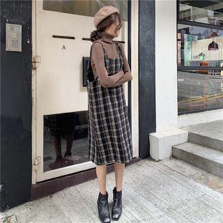Long-sleeve Ribbed Top / Plaid Midi Pinafore Dress