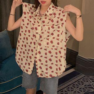 Floral Print Sleeveless Shirt Beige - One Size