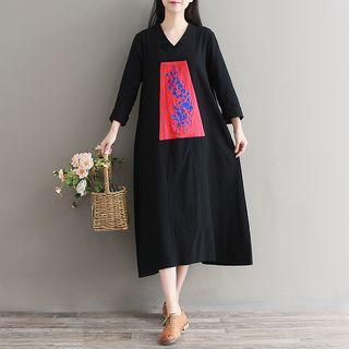 V-neck Printed Midi Long-sleeve T-shirt Dress