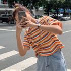 Short-sleeve Striped Cropped T-shirt Stripe - Multicolor - One Size