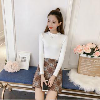 Set: Long-sleeve Knit Top + Plaid Straight Fit Mini Skirt