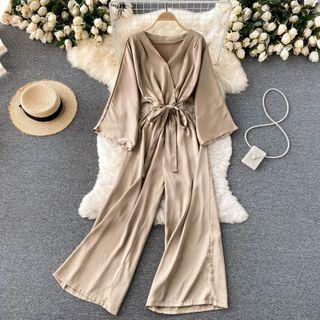 Plain V-neck Long-sleeve Wide-leg Jumpsuit