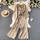 Plain V-neck Long-sleeve Wide-leg Jumpsuit