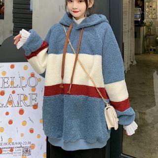 Color Block Faux Shearling Hoodie Blue - One Size