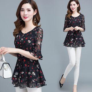 Elbow-sleeve Floral Frill Trim Chiffon Top